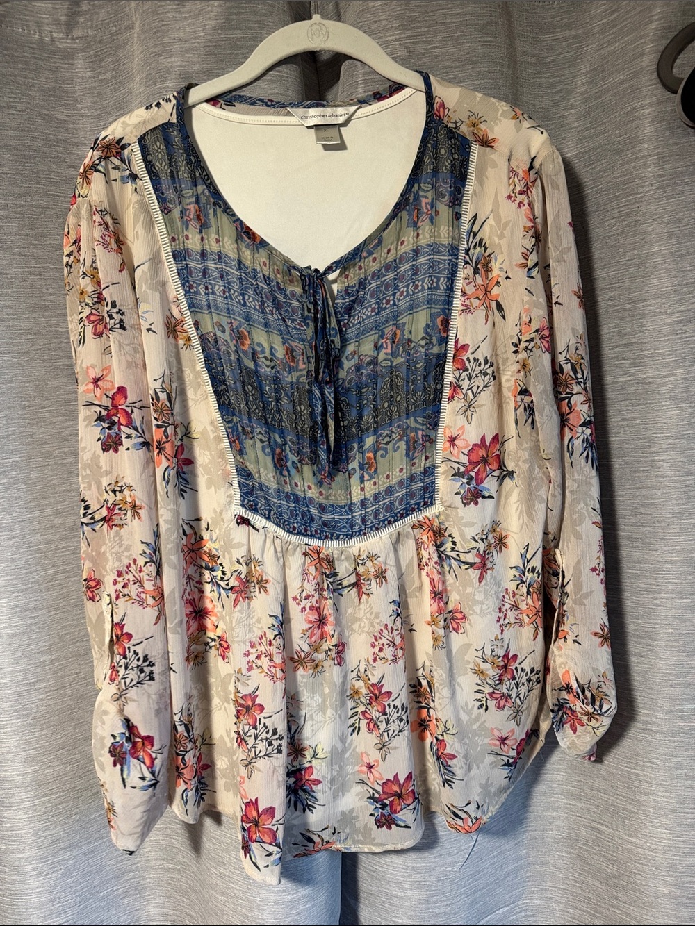 Christopher & Banks Cream Floral Blouse with Blue Printed Yoke